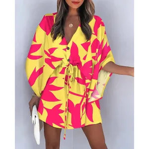 Summer V-neck beach dress with drawstring waist and abstract floral print for women.
