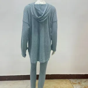 Casual light blue ribbed knit hoodie with matching trousers lounge set for women.