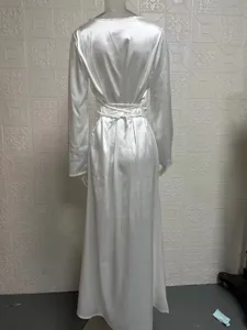White satin long sleeve dress back lace-up detail, elegant waist-cinching maxi dress.