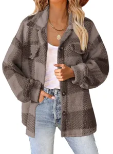 Brown plaid fleece shacket detail, cozy button-down winter jacket with pockets style.