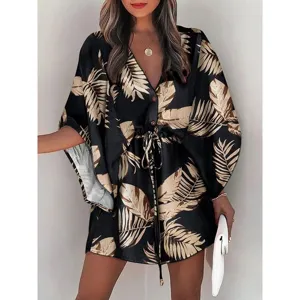 Women Summer V-Neck Drawstring Leaf Print Beach Dress Casual Batwing Sleeve Mini Dress