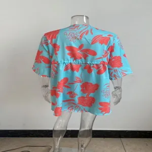 Blue red floral beach dress back view detail, summer casual short sleeve drawstring cover up