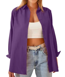 Camicia da donna a maniche lunghe con bottoni, vestibilità ampia, elegante top viola.