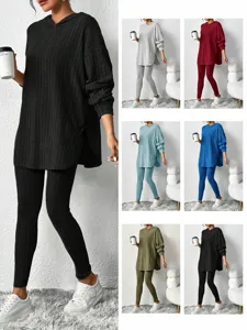 Women Casual Ribbed Knit Solid Color Long Sleeve Hoodie And Pants Top And Bottom Set Fall Winter Fashion Tracksuit