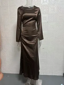 Elegant women's crew neck long sleeve waist-cinching maxi dress with a smooth satin finish.