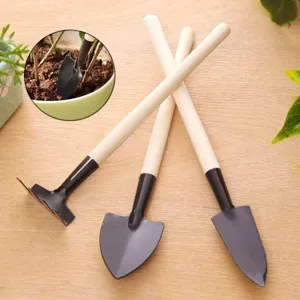 Ensemble d'Outils de Jardinage Mini Truelle Pelle et Râteau avec Manche en Bois et Tête en Métal pour Plantes d'Intérieur Plantation Désherbage