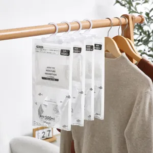 Hanging dehumidifier bags for closet moisture absorption and mildew prevention, 500ml capacity.