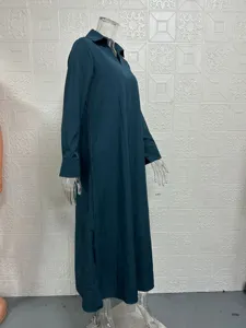 Dark green long sleeve V-neck maxi dress, casual loose solid color autumn women dress.