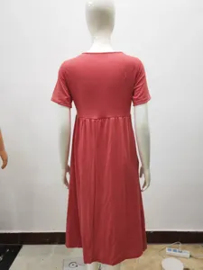 Solid color short sleeve crew neck empire waist midi dress, casual women flared skirt.
