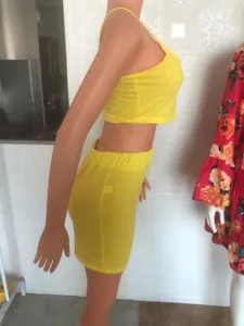 Women summer two piece set casual sleeveless crop top and shorts fashion outfit yellow