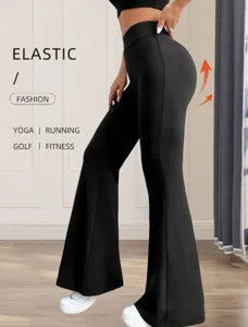 Unifarbene hochwaeselligte Schlag Yoga Hosen, elastische Fitness Sport Hosen Detail Ansicht.