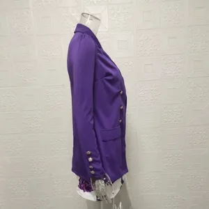 Stylish purple women's blazer jacket with double-breasted metal buttons and slim fit.