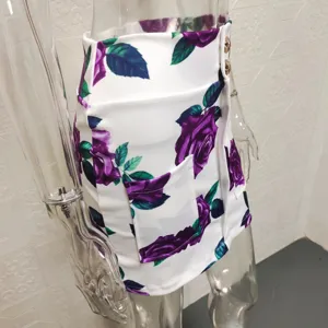 Purple rose print high waist mini skirt with side buttons and pocket detail for women.