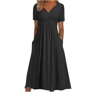 Elegant solid color short sleeve midi dress with crossover V-neck and convenient side pockets.