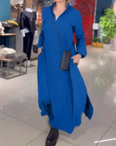 Casual solid color long sleeve V-neck maxi dress for women, stylish and comfortable outfit.