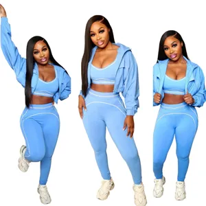 Ensemble de sport 3 pieces pour femme ete soutien-gorge veste et leggings de yoga taille haute.