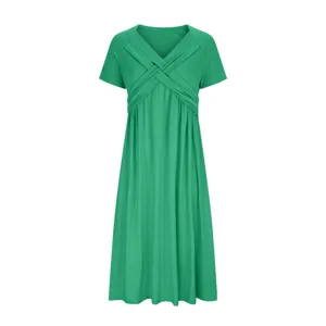 Green short sleeve V-neck midi dress with stylish criss-cross bodice and flowing skirt.
