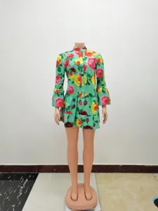 Vintage floral long sleeve mini dress casual half collar tiered swing dress for women