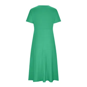 Back view detail of solid green short sleeve round neck midi dress showcasing fit.