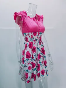 Abito estivo floreale a contrasto vita smock sottile girocollo maniche corte per donna.