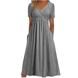 Gray short sleeve cross v-neck midi dress with pockets solid color casual swing dress detail