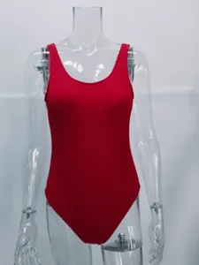 Red crinkle one-piece swimsuit for women, textured bubble fabric, stylish U-neck beachwear.