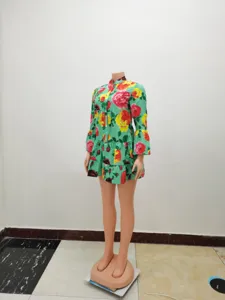 Green floral long sleeve tiered mini dress, half collar retro casual street style women wear.