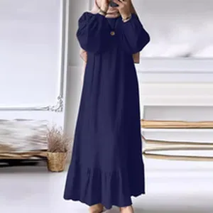 Solid color long sleeve maxi dress with ruffled hem, casual loose fit elegant apparel.