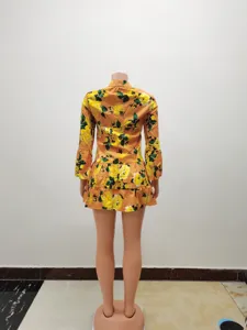 Detailed back view of women's floral printed long sleeve flared dress with half collar.