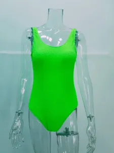 Neon green crinkle one-piece swimsuit for women, stretchy wave texture fabric, U-neck design.