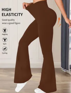 Nahaufnahme Detail der einfarbigen Schlag-Yogahose mit hoher Taille und starker Dehnbarkeit.
