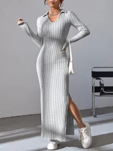Detail view of women grey ribbed knit long sleeve polo maxi dress with side slit design.