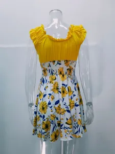 Estate stampa floreale colore a contrasto vita smock abito casual collo rotondo da donna