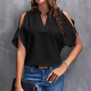 Women's black cold shoulder V-neck short sleeve blouse detail, elegant casual top view.