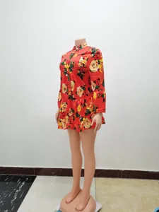 Retro floral long sleeve mini dress with stand collar and ruffle hem for women street style.