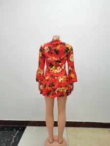 Retro floral long sleeve mini dress with half-open collar and tiered ruffled hem for women.