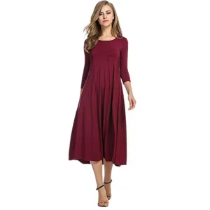 Vestido maxi manga larga cuello redondo campana burdeos elegante para otoño mujer.