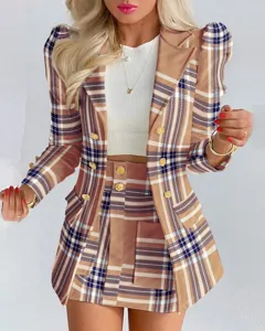 Brown plaid blazer and skirt set, stylish puff sleeve suit with crop top for women.