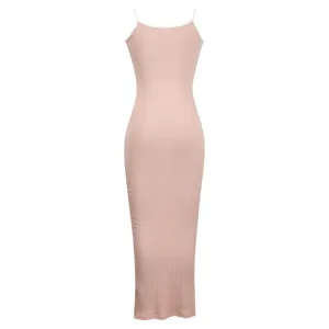 Women pink ribbed spaghetti strap maxi dress casual slim fit long slip dress summer wear