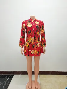 Women red floral print mini dress long bell sleeve ruffle hem casual cute chic dress