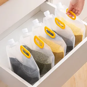 Transparent standing spout pouch for food grain storage with handle kitchen organizer