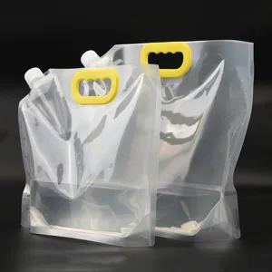 Transparent stand up spout pouch with handle liquid food storage packaging bag detail view