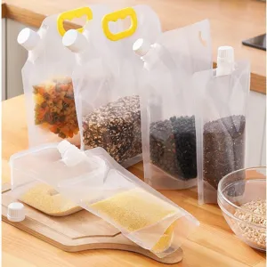 Transparent stand-up spout storage bags for grains, rice, and beans, durable and sealed.