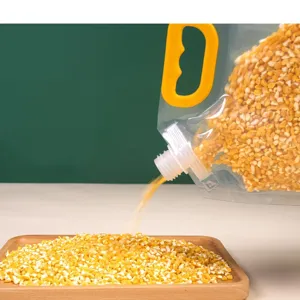 Transparent stand-up spouted pouch for grain storage, portable handle, sealed packaging bag.
