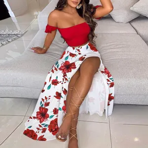 Women Summer Slim French Bohemian Printed Strapless Crop Top And High Split Long Skirt Two Piece Set Dress
