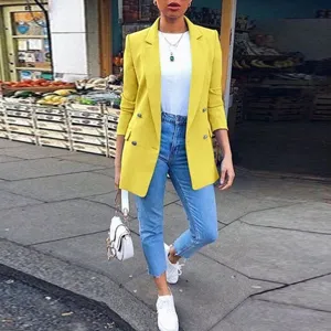 Women solid yellow blazer long sleeve double breasted casual suit jacket outer wear streetwear