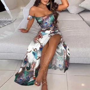 Summer bohemian off shoulder peacock print crop top and high slit skirt two piece set.