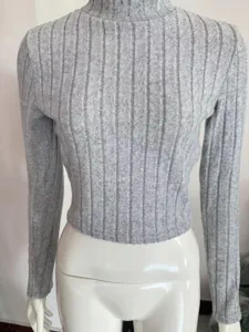Grey ribbed mock-neck long sleeve sweater detail view knitwear top for women