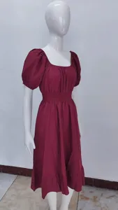 Summer casual square neck short sleeve cinched waist ruffled hem midi dress, elegant style.