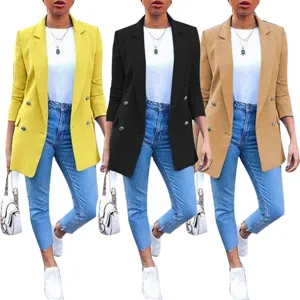 Women casual lapel double-breasted long blazer jacket with basic tee and jeans outfit detail view.